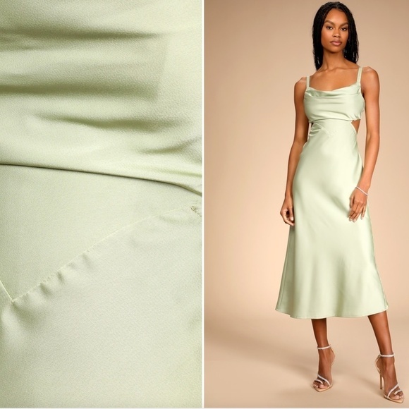 LULU's Prom Wedding Bridesmaid Sexy Satin Asymmetrical Elegant Midi Dress - Picture 3 of 4